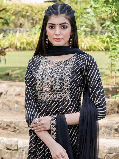 Indyancart IE Black Leheriya Printed Mirror Work A-Line Kurta & Trousers & With Dupatta