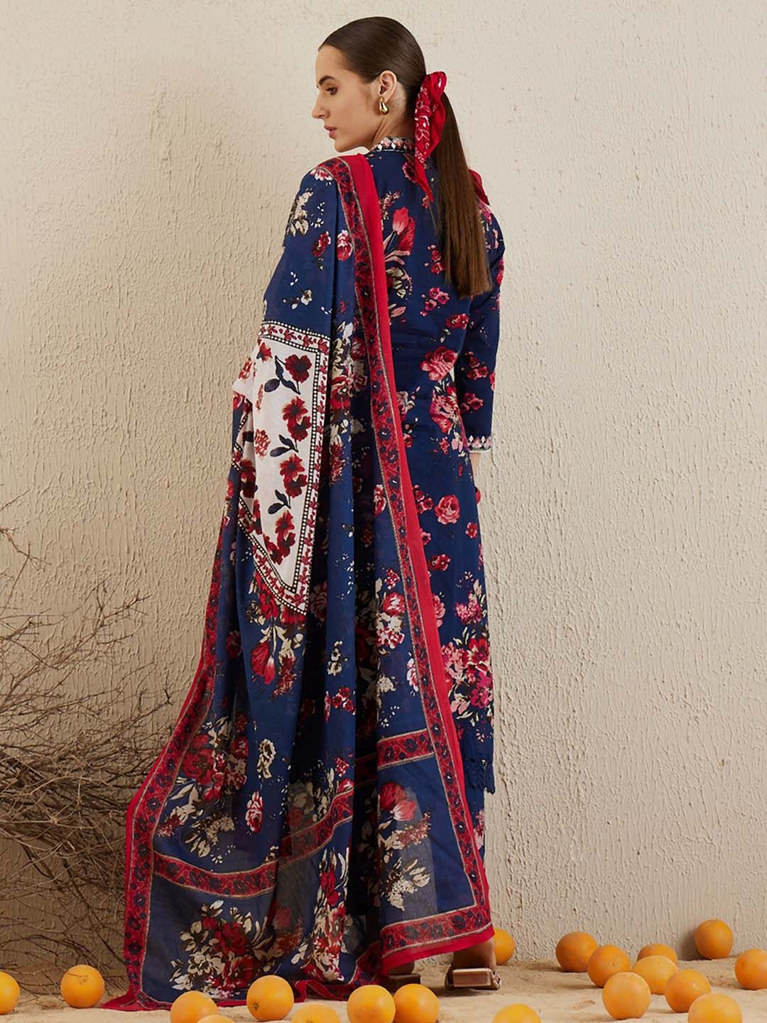 Indyancart IE Floral Printed Angrakha Mirror Work Cotton Straight Kurta & Trousers & Dupatta