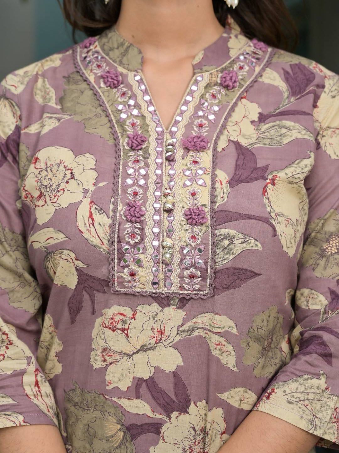 Indyancart VA Women'sFloral Printed Regular Mirror Work Pure Cotton Kurta with Salwar & Dupatta
