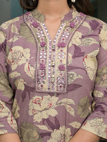 Indyancart VA Women'sFloral Printed Regular Mirror Work Pure Cotton Kurta with Salwar & Dupatta