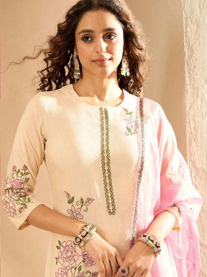 Women Floral Embroidered Regular Thread Work Kurta with Trousers & Dupatta