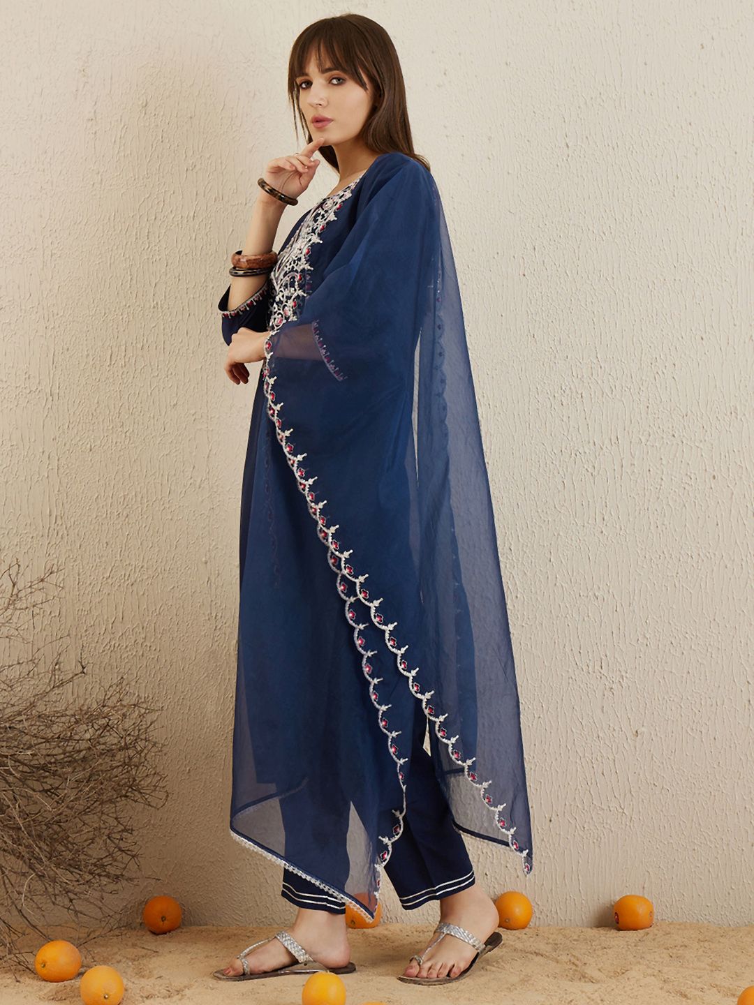 Indyancart IE Ethnic Motifs Yoke Design Round Neck Thread Work Kurta with Trousers & Dupatta