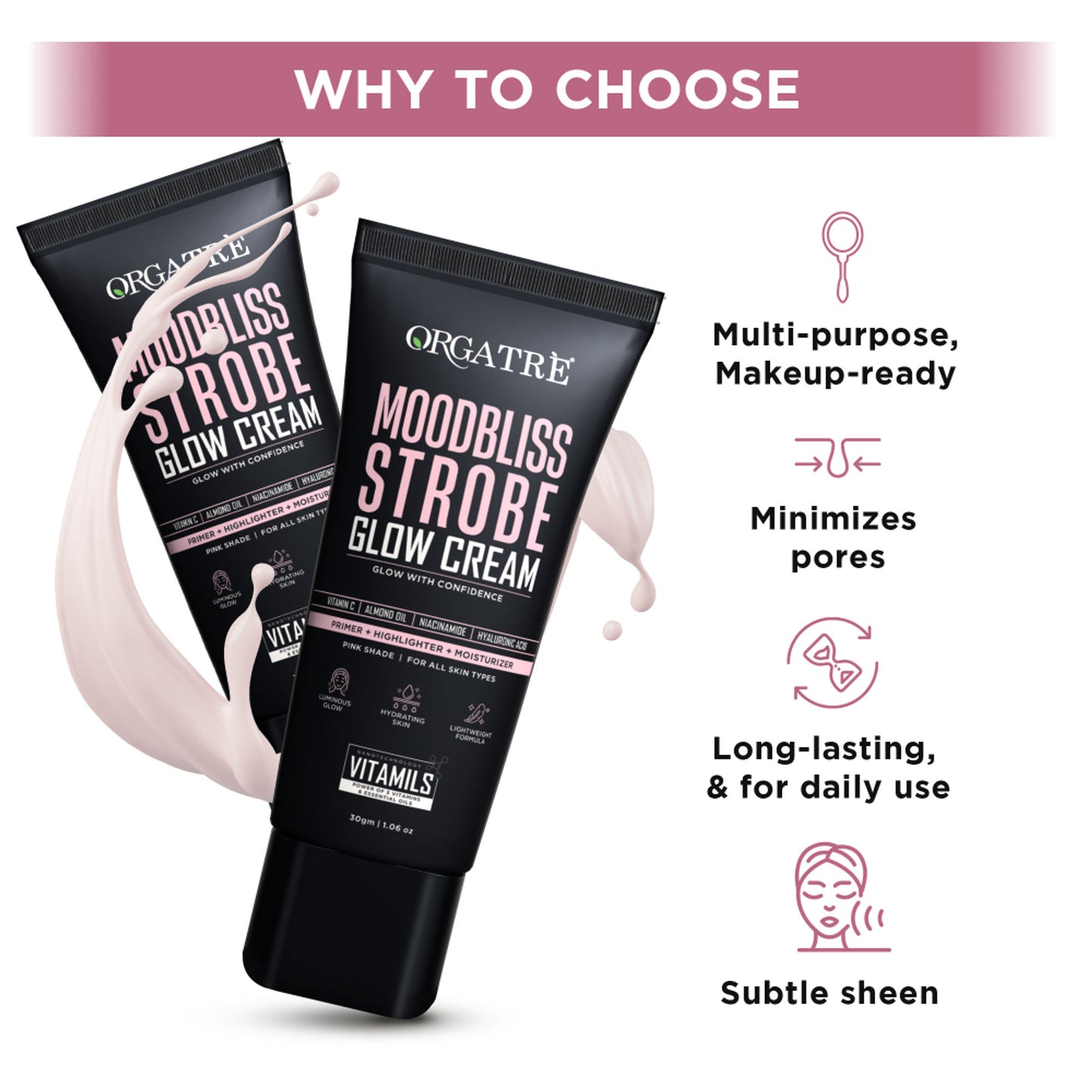Orgatre Strobe Cream Pink - Instant Glow Highlighter, Primer & Moisturizer Makeup Finish Highlighter