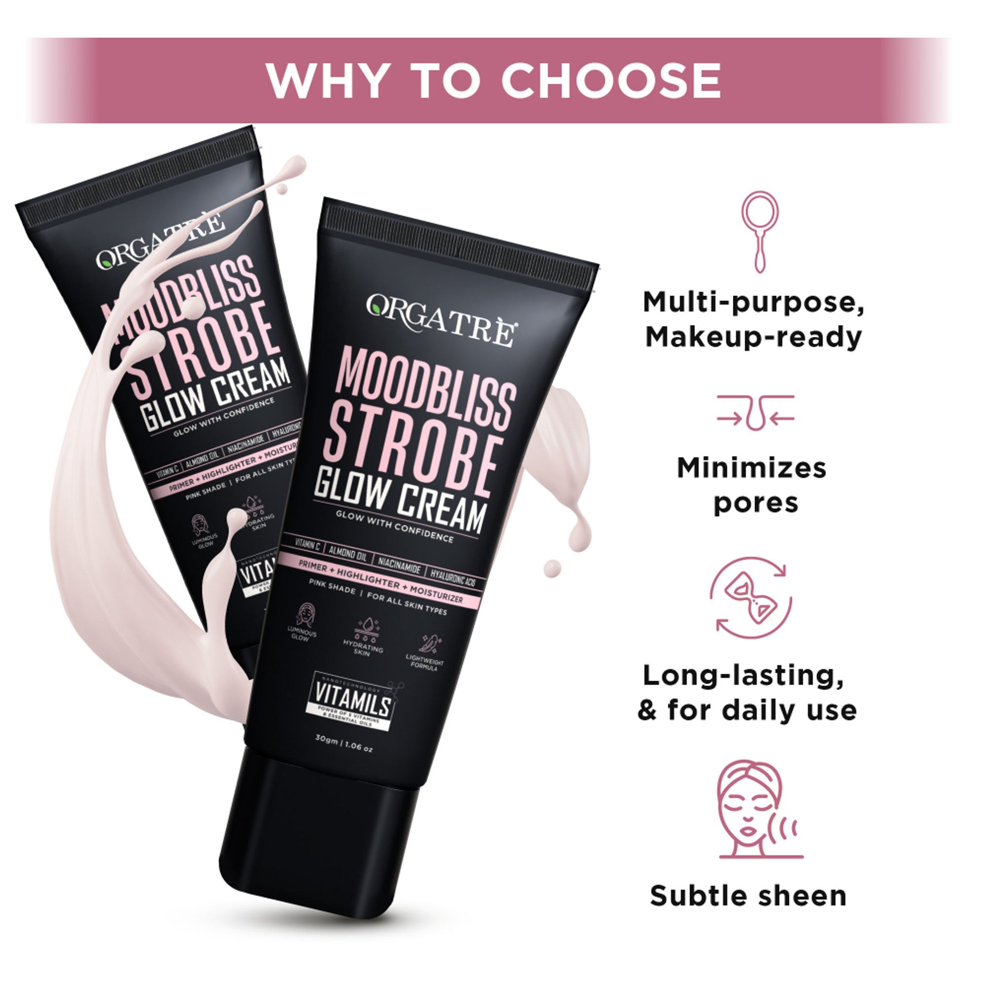 Orgatre Strobe Cream Pink - Instant Glow Highlighter, Primer & Moisturizer Makeup Finish Highlighter