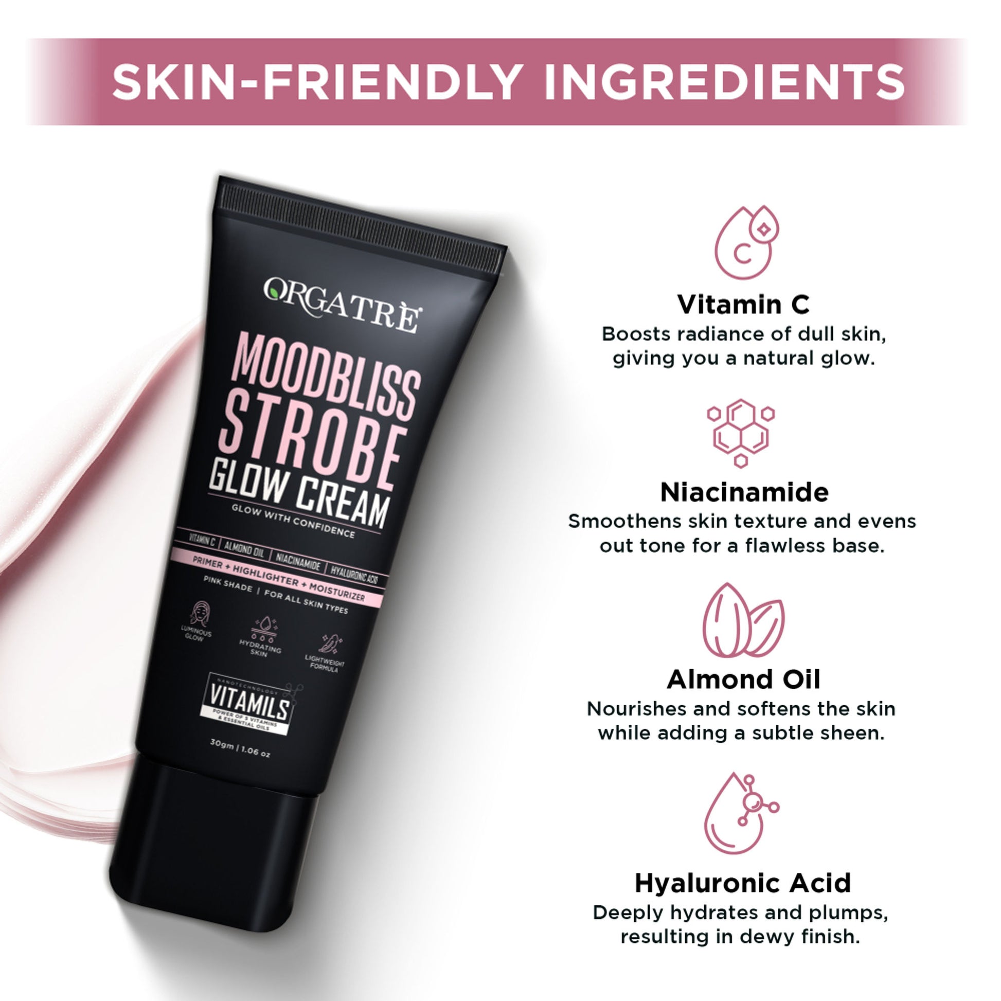 Orgatre Strobe Cream Pink - Instant Glow Highlighter, Primer & Moisturizer Makeup Finish Highlighter