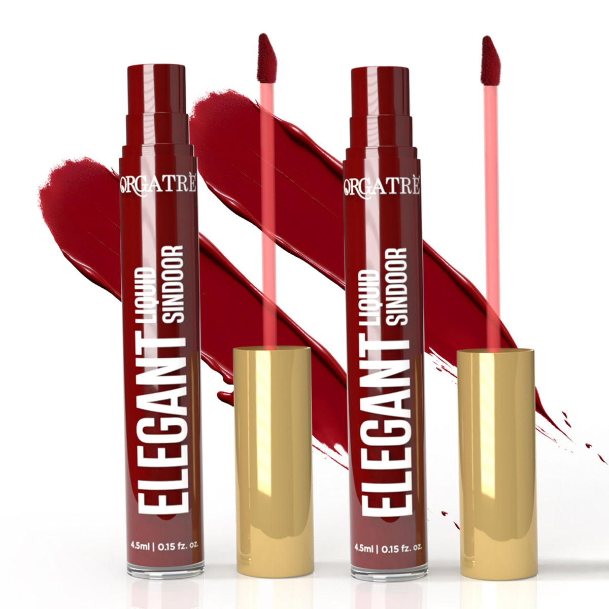 Orgatre Maroon liquid sindoor pack with two bottles, showcasing vibrant, long-lasting, smudge-proof, skin-friendly sindoor for women.