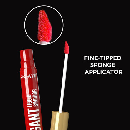 Orgatre red liquid sindoor pack with two long-lasting, smudge-proof, skin-friendly bottles showing vibrant red color.