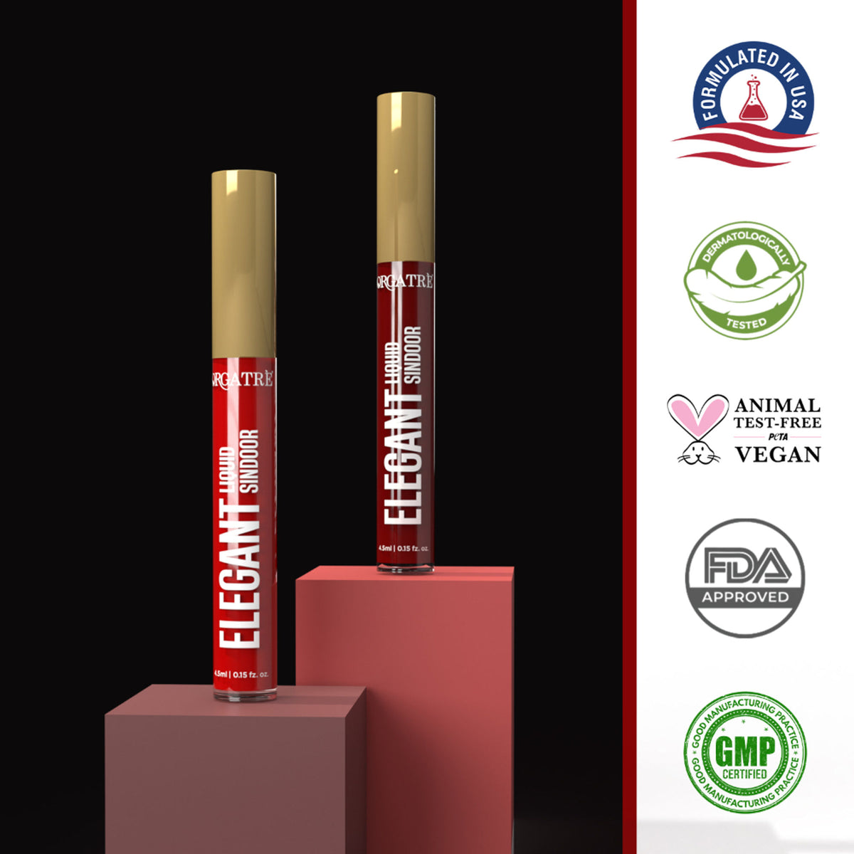 Orgatre red liquid sindoor pack with two long-lasting, smudge-proof, skin-friendly tubes showing vibrant red color.