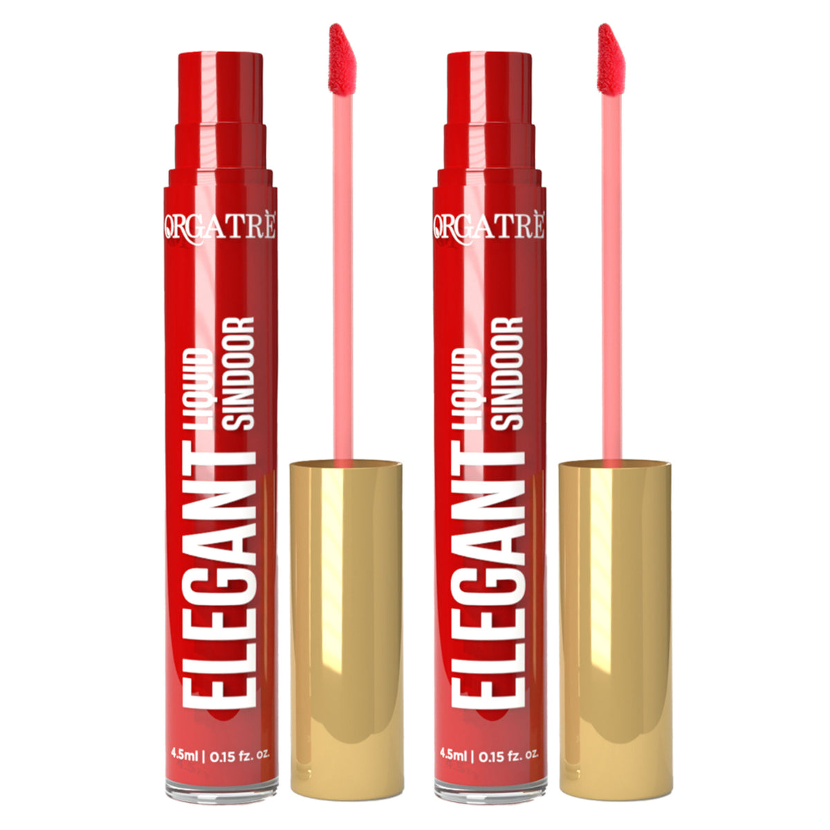 Orgatre red liquid sindoor pack with two tubes, showcasing vibrant, long-lasting, smudge-proof, and skin-friendly Indian makeup.