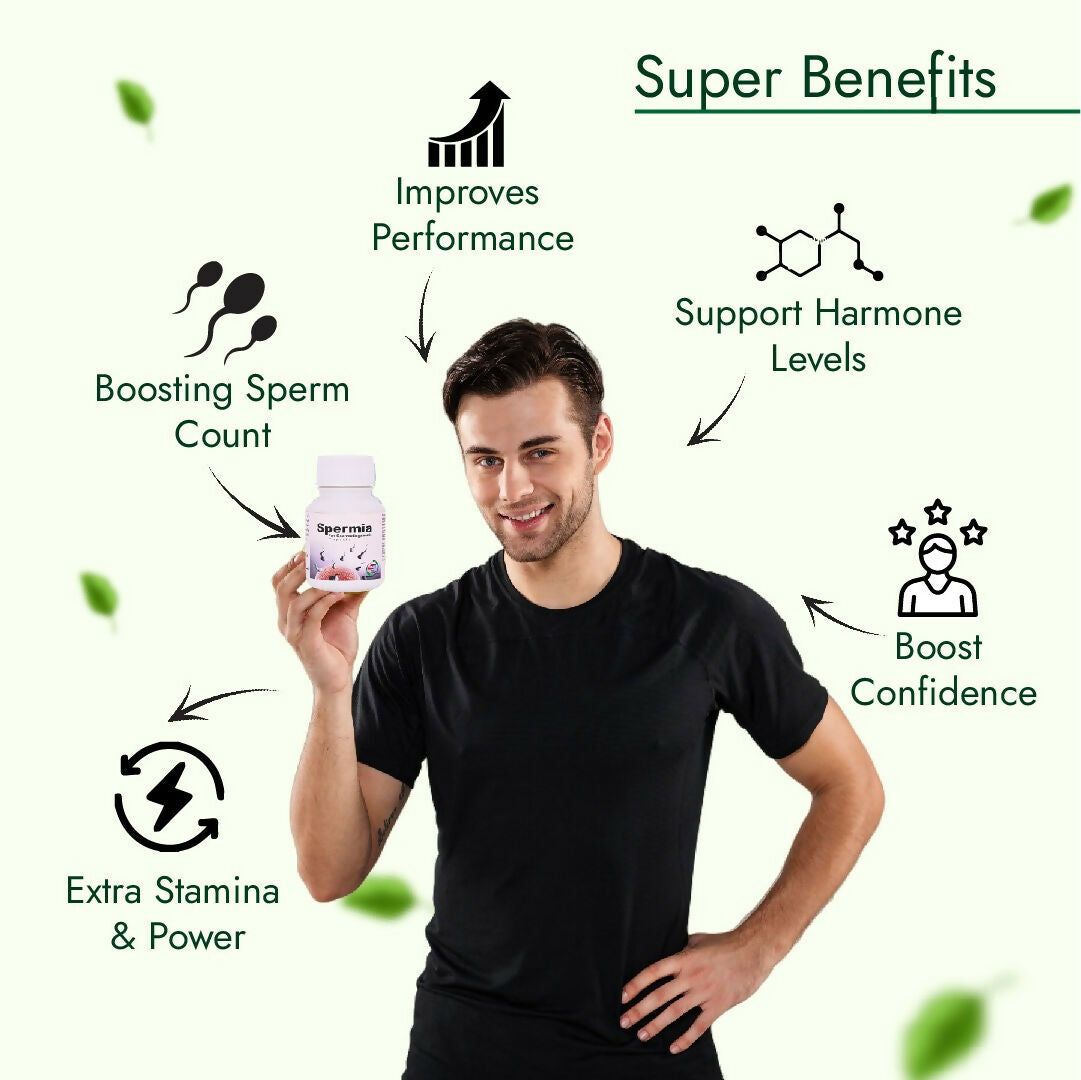 Hashmi Spermia capsules, Unani herbal supplement for men's energy, vitality, and physical strength, displayed in a bottle.