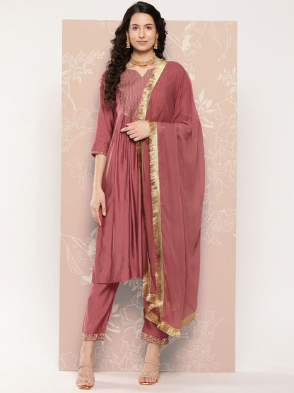Indyancart VA Women's Embroidered Empire Kurta with Trousers & With Dupatta
