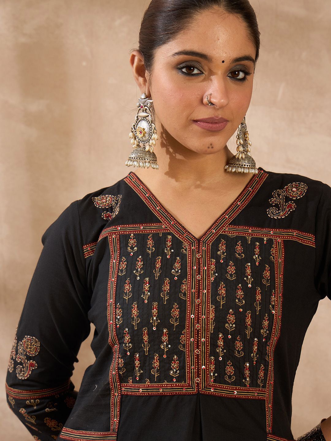 Women Ethnic Motifs Embroidered Pleated Sequinned Pure Cotton Kurta with Trousers