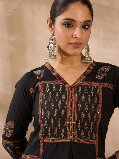 Women Ethnic Motifs Embroidered Pleated Sequinned Pure Cotton Kurta with Trousers