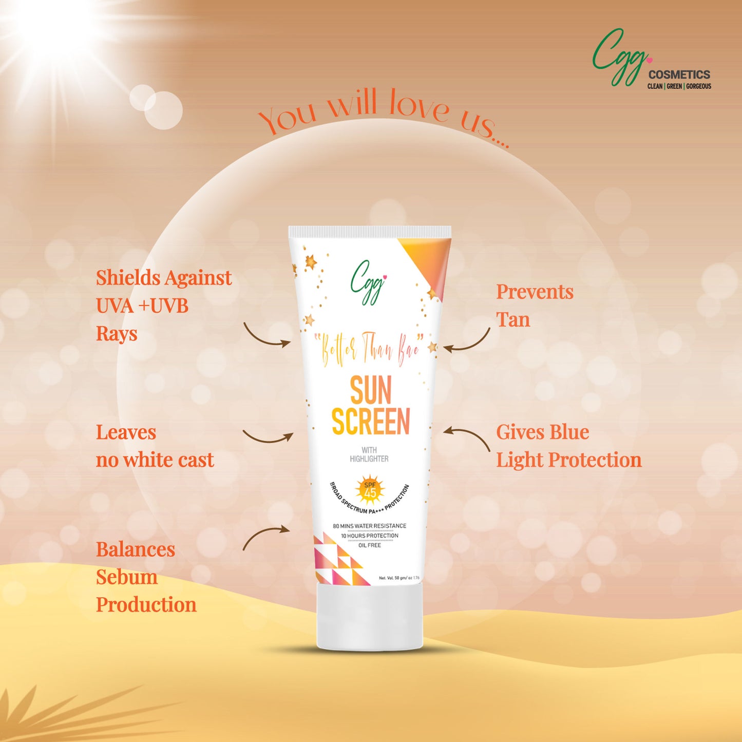 CGG Better than Bae Sunscreen Cream with highlighter Spf 45 PA+++
