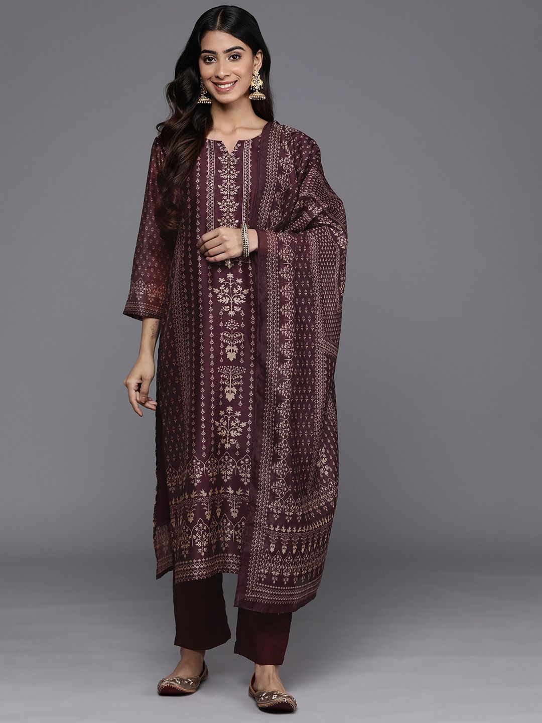 Indyancart VA Women'sEthnic Motifs Printed Sequinned Chanderi Silk Kurta with Trousers & Dupatta