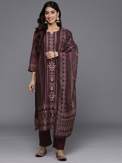 Indyancart VA Women'sEthnic Motifs Printed Sequinned Chanderi Silk Kurta with Trousers & Dupatta