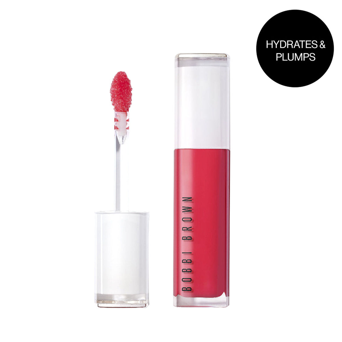 Bobbi Brown Extra Plump Lip Serum in Bare Raspberry showing a sleek tube and applicator with a hint of the tinted serum inside.
