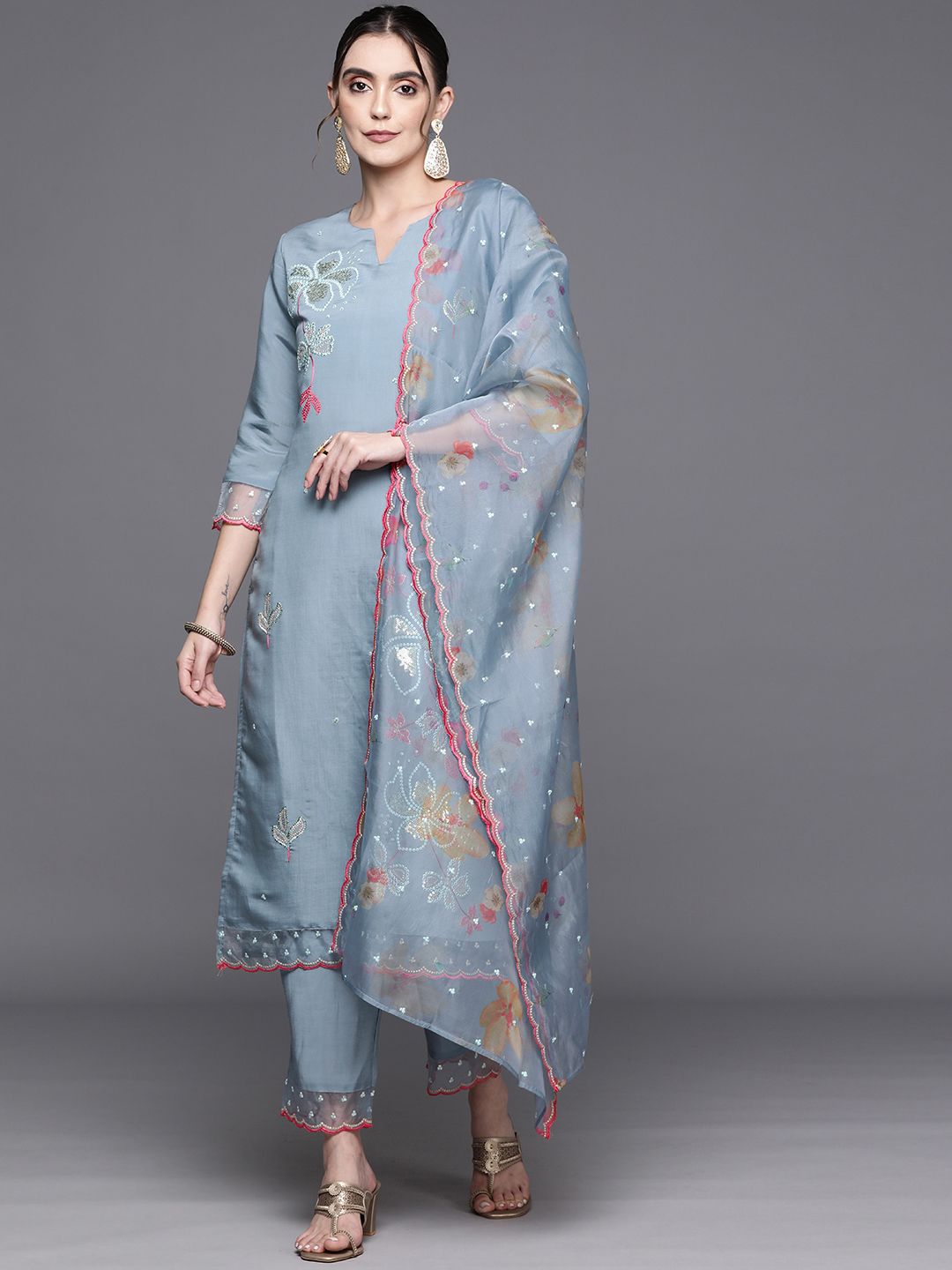 Indyancart IE Women Floral Embroidered Regular Sequinned Kurta with Trousers & With Dupatta