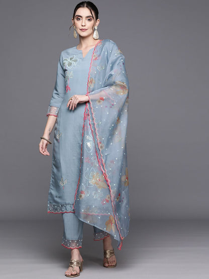 Indyancart IE Women Floral Embroidered Regular Sequinned Kurta with Trousers & With Dupatta