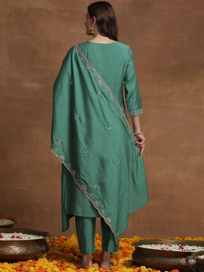 Indyancart IE Green Ethnic Motif Embroidered Straight Kurta & Trousers With Dupatta
