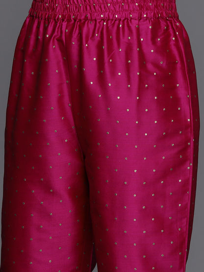 Indyancart VA Women's Magenta Foil Printed Sleevless Kurta and Trouser with Dupatta