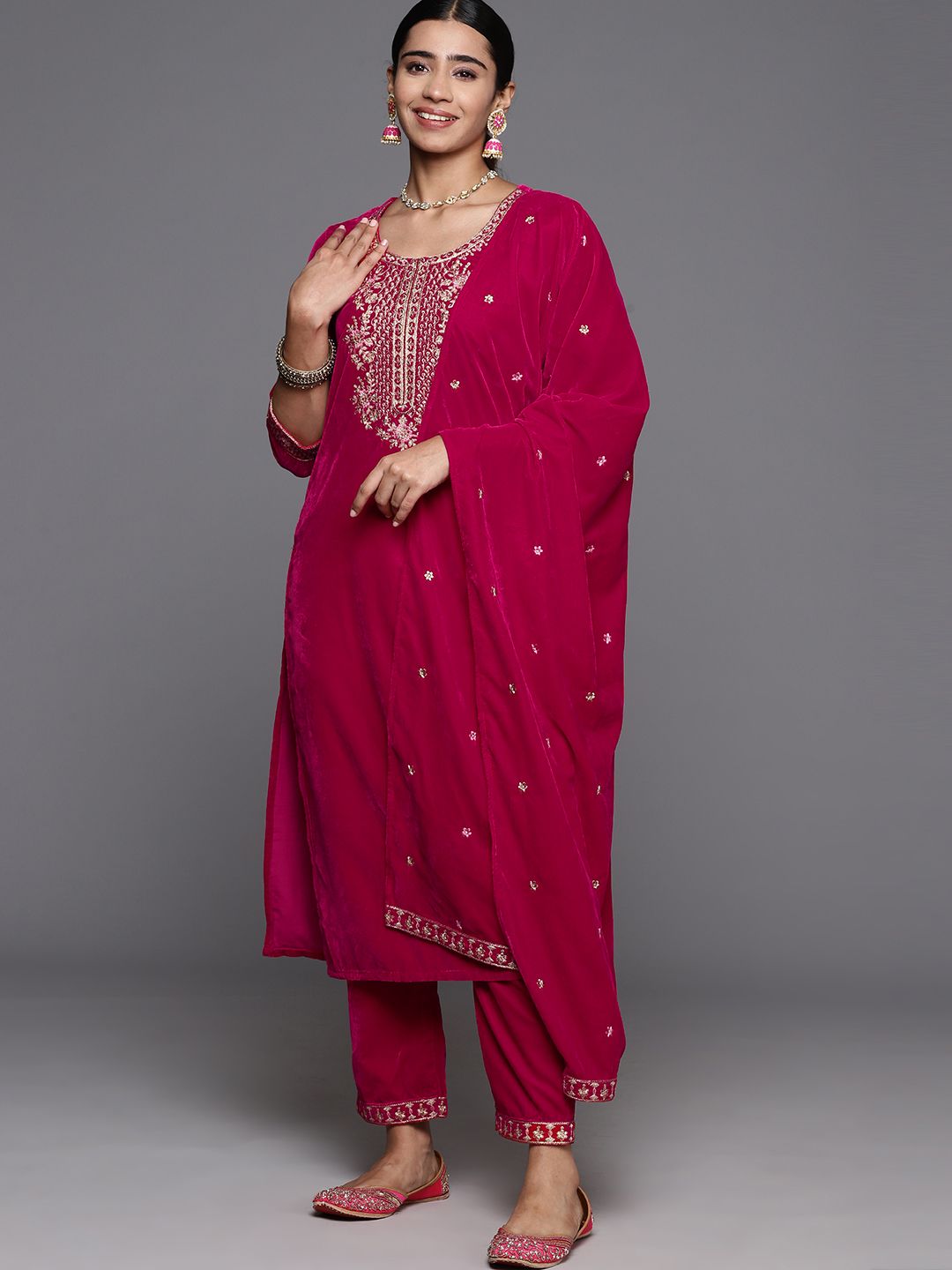 Indyancart VA Women'sFloral Zari Embroidered Velvet Kurta with Trouser & Velvet Dupatta