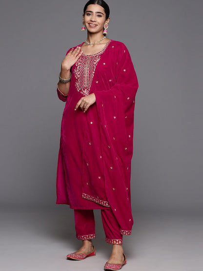 Indyancart VA Women'sFloral Zari Embroidered Velvet Kurta with Trouser & Velvet Dupatta