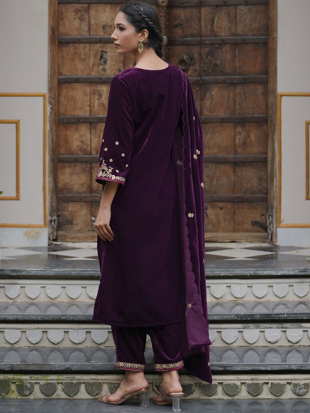 Indyancart IE Women Ethnic Motifs Embroidered Regular Velvet Kurta with Trousers & With Dupatta
