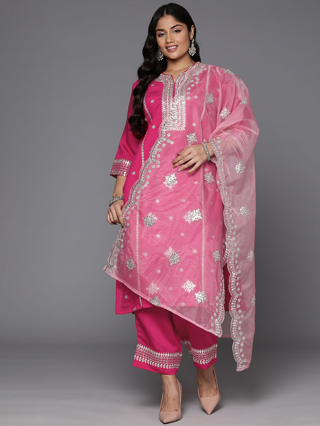 Indyancart Women's Plus Size Ethnic Motifs Embroidered Gotta Patti Kurta with Trousers & Dupatta
