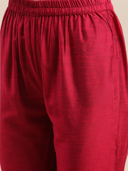 Indyancart VA Women's Red Yoke Design Kurta with Trousers & With Dupatta