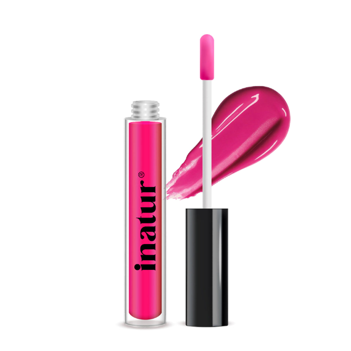 Inatur Angelic lip gloss with soft pink color, hydrating formula with rosehip and coconut oil, long-lasting and glossy finish.