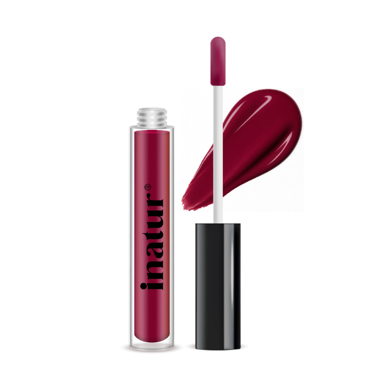Inatur Angelic soft pink lip gloss with rosehip and coconut oil, hydrating and long-lasting, displayed in a sleek tube.