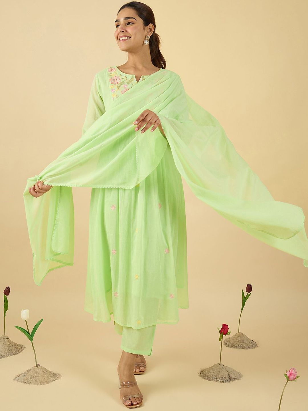 Indyancart IE Women Embroidered Pure Cotton A-Line Kurta with Trousers & With Dupatta