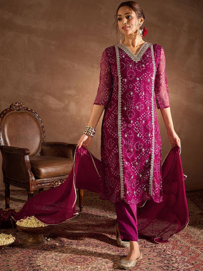 Dhiyona IE Bandhani Printed V-Neck Zari Silk Chiffon Straight Kurta With Trousers & Dupatta