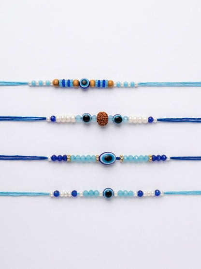 Anouk Set Of 4 Blue Evil Eye Thread Rakhi With Roli Chawal Chandan Mishri