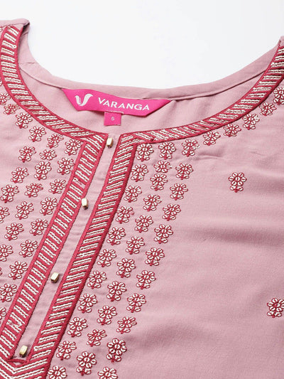 Indyancart VA Women's Pink Ethnic Motifs Embroidered Sequinned Kurta with Trousers & With Dupatta