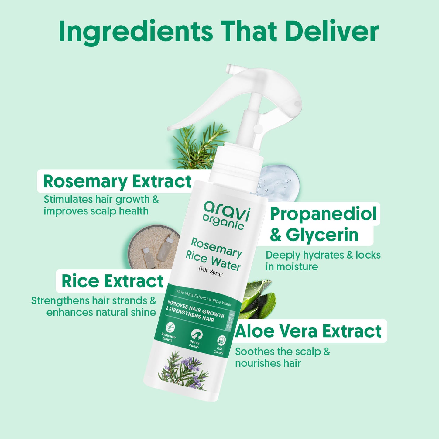 Aravi Organic Rosemary Water Hair Spray & Rice Water, Hair Growth, Scalp Care & Hair Fall Control