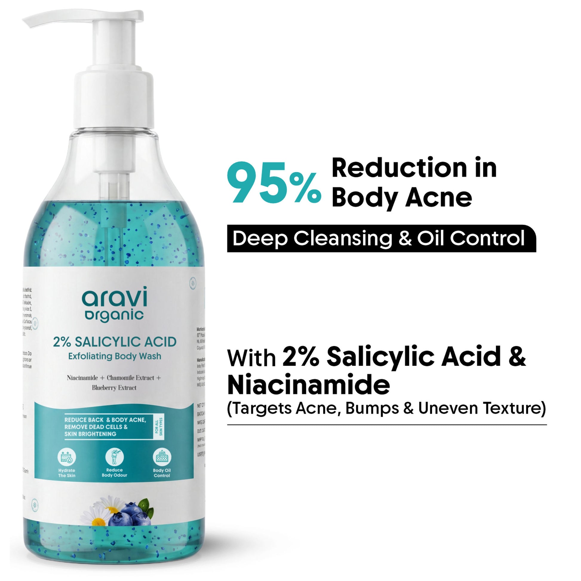 Aravi Organic 2% Salicylic Acid Exfoliating Body Wash - For Tan Removal, Body Acne & Strawberry Skin