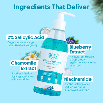Aravi Organic 2% Salicylic Acid Exfoliating Body Wash - For Tan Removal, Body Acne & Strawberry Skin