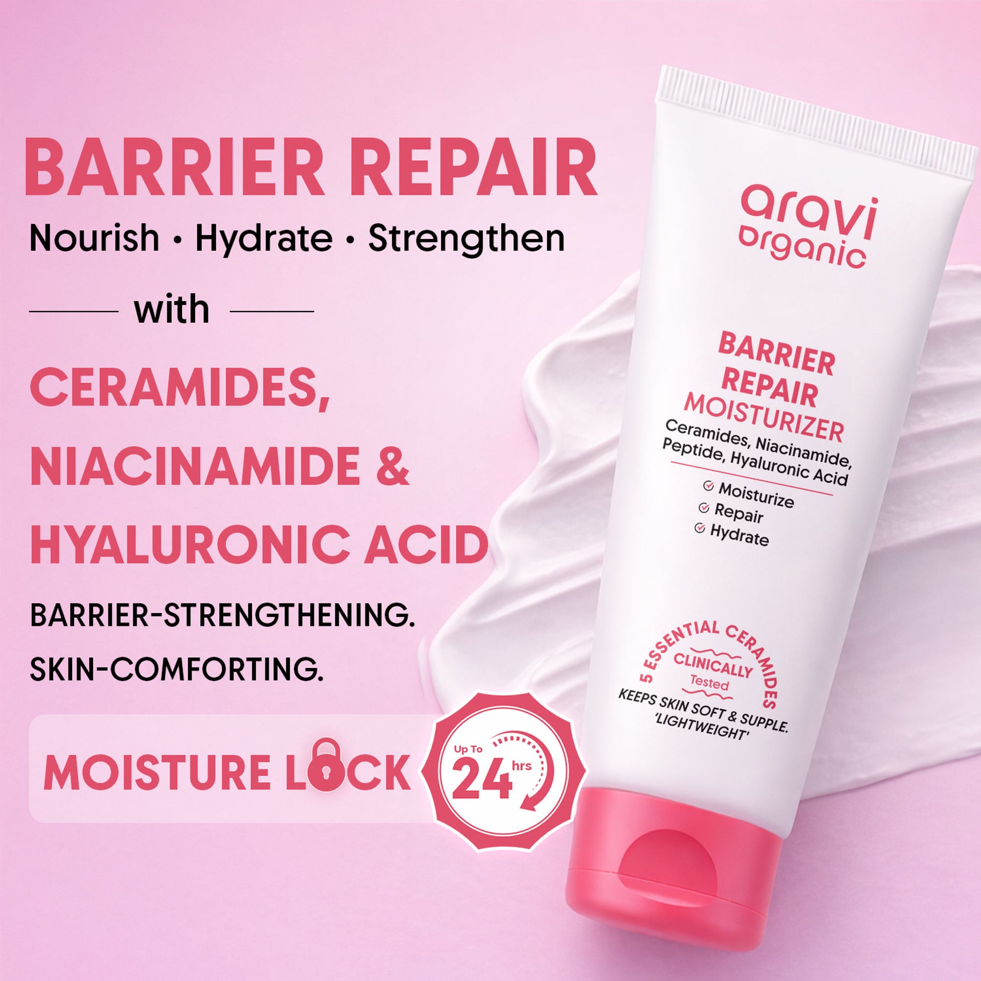 Aravi Organic Barrier Repair Face Moisturiser, Ceramide & Niacinamide, Dry, Oily & Sensitive Skin