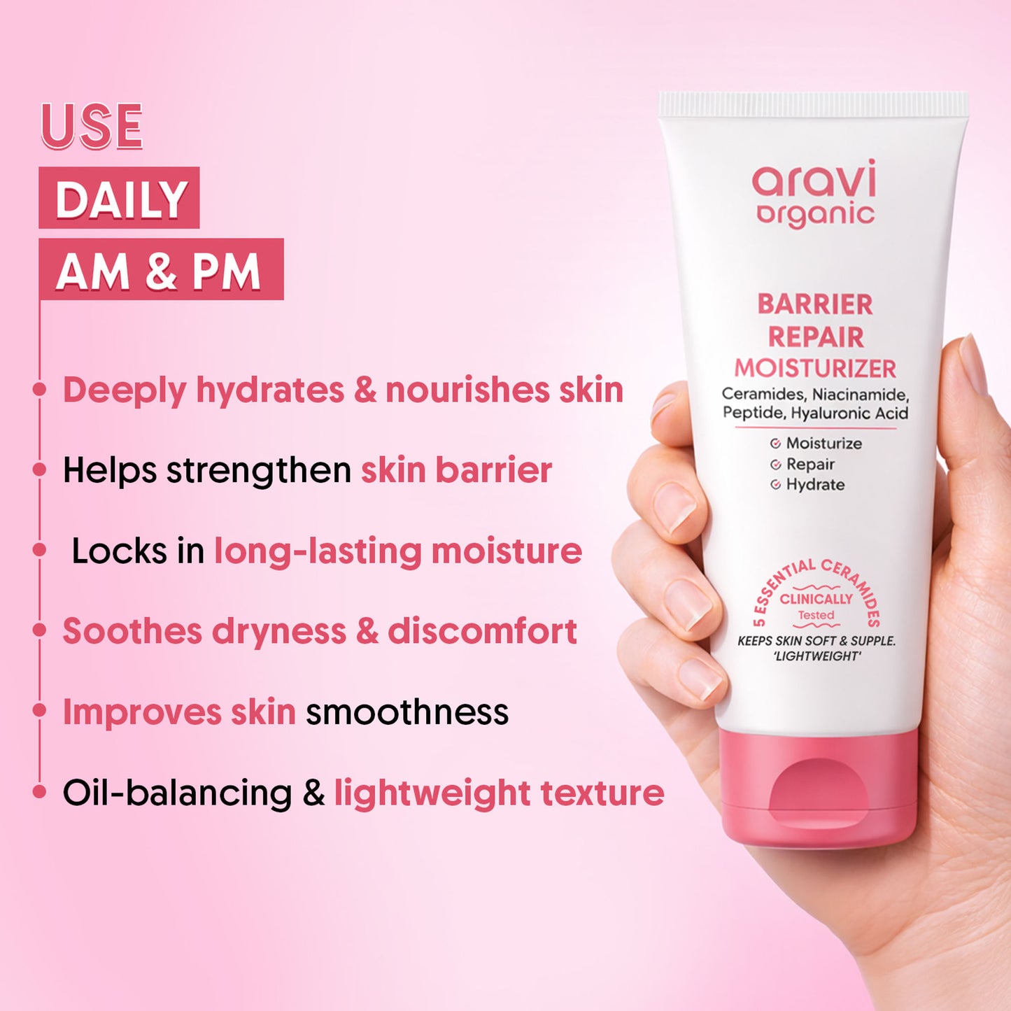 Aravi Organic Barrier Repair Face Moisturiser, Ceramide & Niacinamide, Dry, Oily & Sensitive Skin