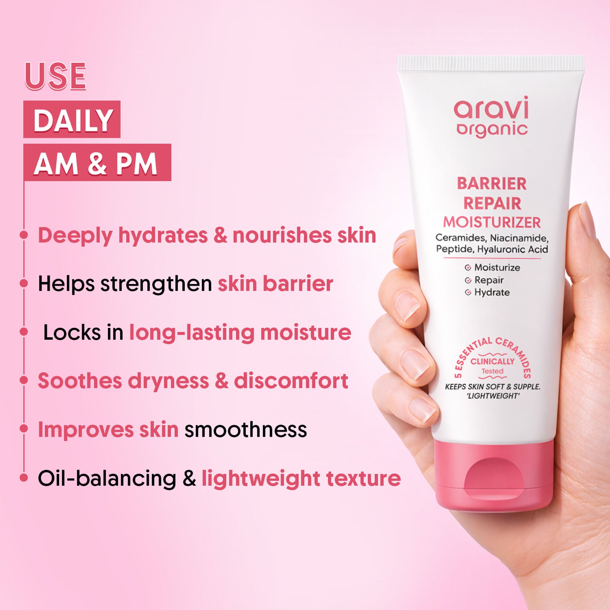 Aravi Organic Barrier Repair Face Moisturiser, Ceramide & Niacinamide, Dry, Oily & Sensitive Skin