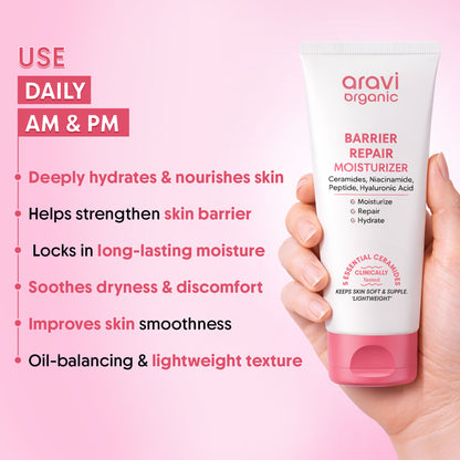 Aravi Organic Barrier Repair Face Moisturiser, Ceramide & Niacinamide, Dry, Oily & Sensitive Skin