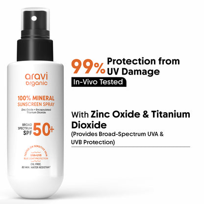 Aravi Organic 100% Mineral Sunscreen Spray SPF50 PA++++, Body & Face, Sunscreen For Oily & Dry Skin