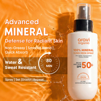 Aravi Organic 100% Mineral Sunscreen Spray SPF50 PA++++, Body & Face, Sunscreen For Oily & Dry Skin