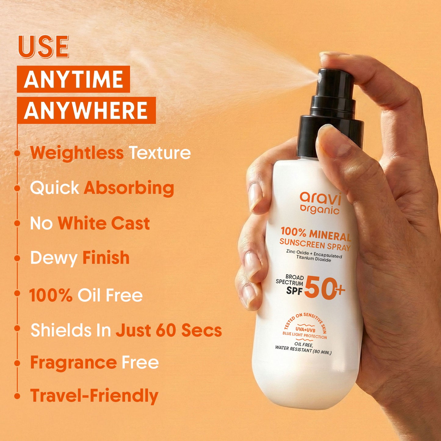 Aravi Organic 100% Mineral Sunscreen Spray SPF50 PA++++, Body & Face, Sunscreen For Oily & Dry Skin