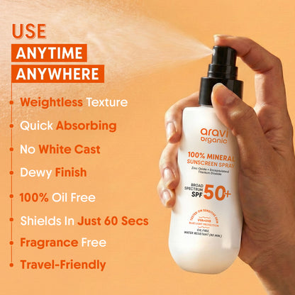 Aravi Organic 100% Mineral Sunscreen Spray SPF50 PA++++, Body & Face, Sunscreen For Oily & Dry Skin