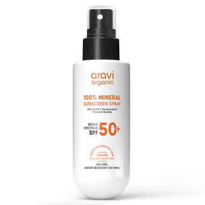 Aravi Organic 100% Mineral Sunscreen Spray SPF50 PA++++, Body & Face, Sunscreen For Oily & Dry Skin