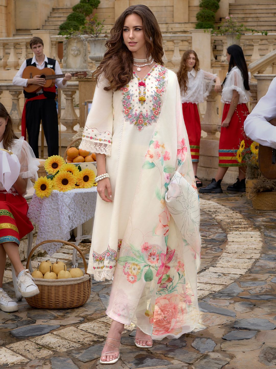 Floral Embroidered Kurta With Trousers & Dupatta