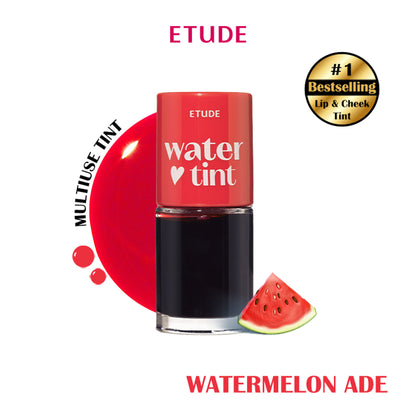 ETUDE Dear Darling Water Gel Lip and Cheek Tint in Watermelon Ade, showing the vibrant pink lipstick and cheek tint in a close-up shot.
